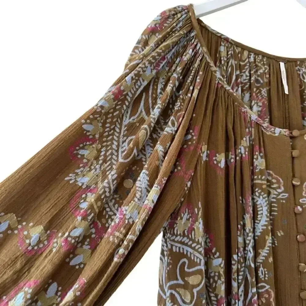 Free People  Brown green hippie babydoll peasant dress balloon sleeves S #1993
